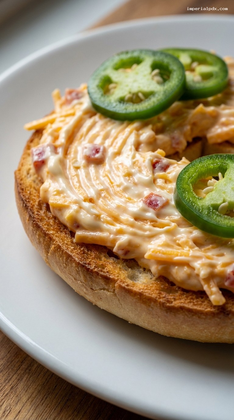 Spicy Pimento Cheese Bagel With Jalapeños – Closeup