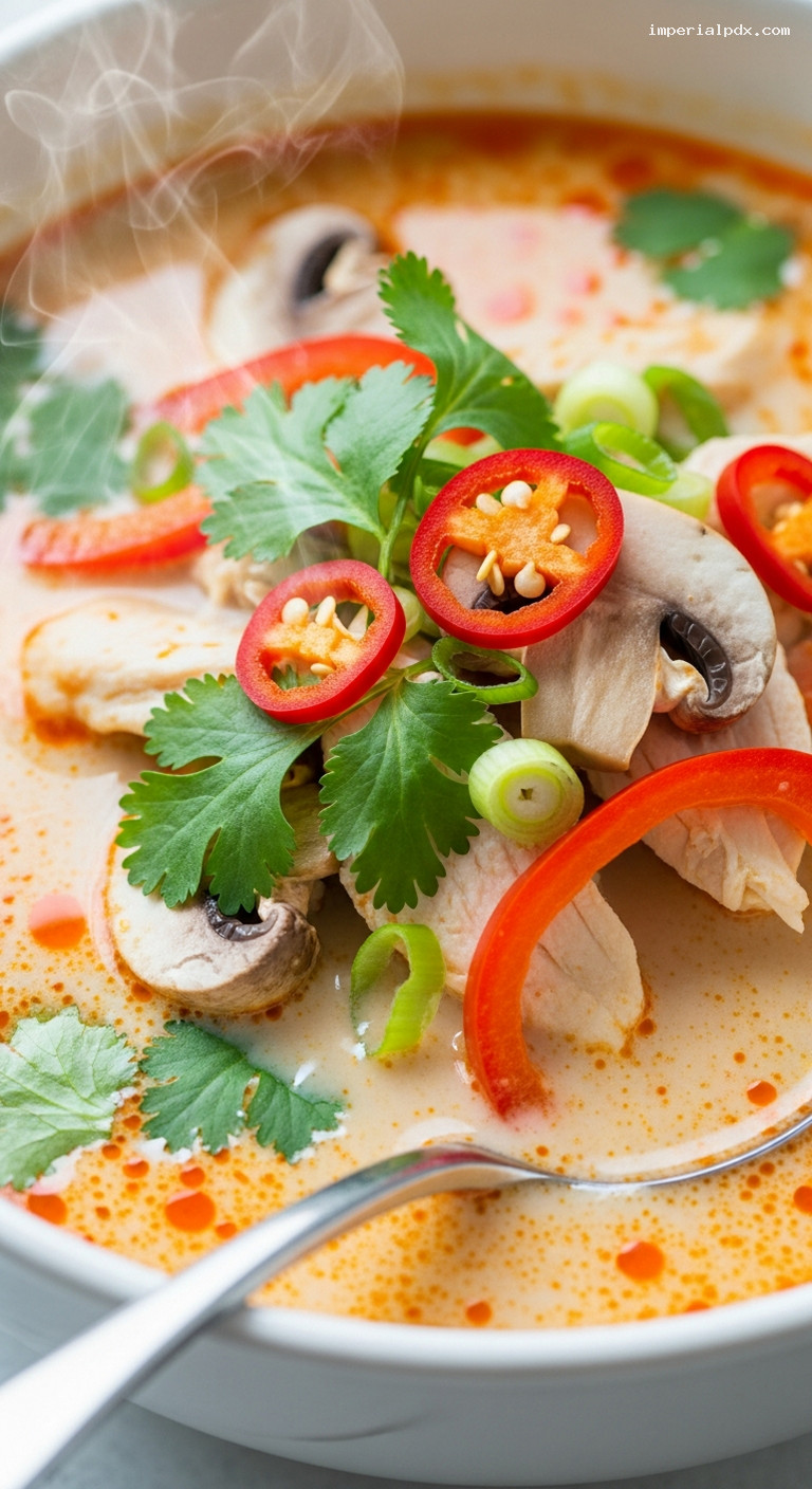 Spicy Thai Coconut Chicken Soup with Lemongrass – Closeup
