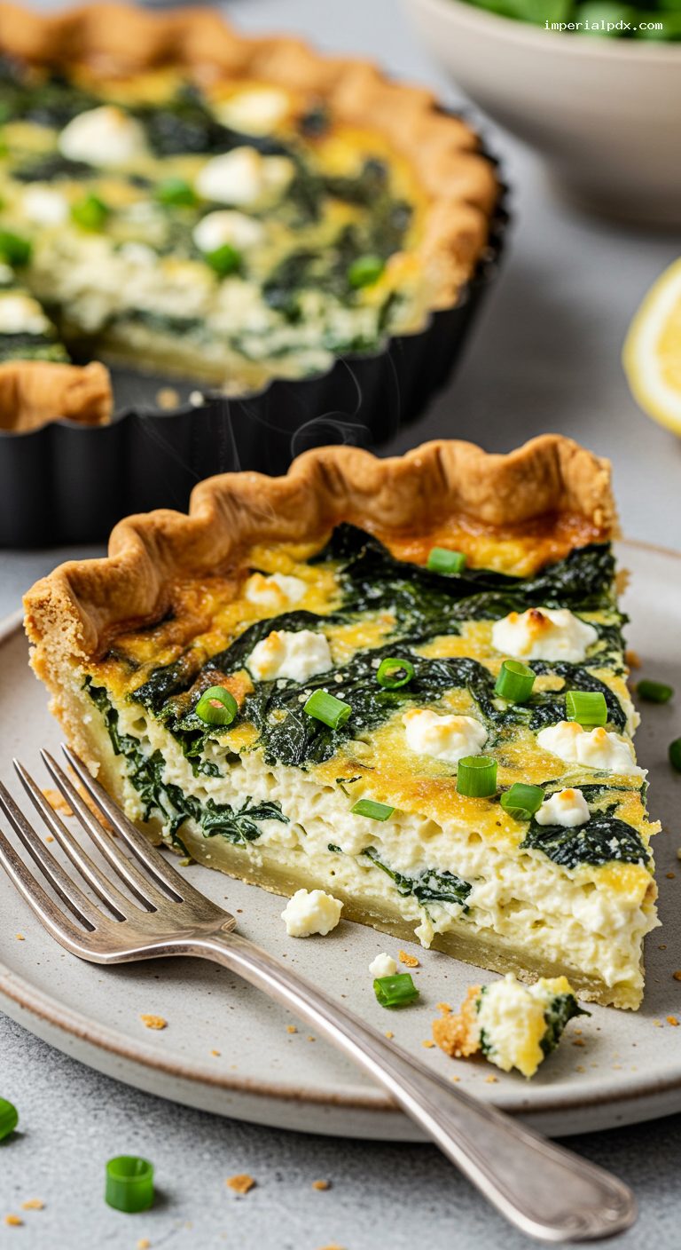 Spinach and Feta Quiche with Buttery Crust – Closeup