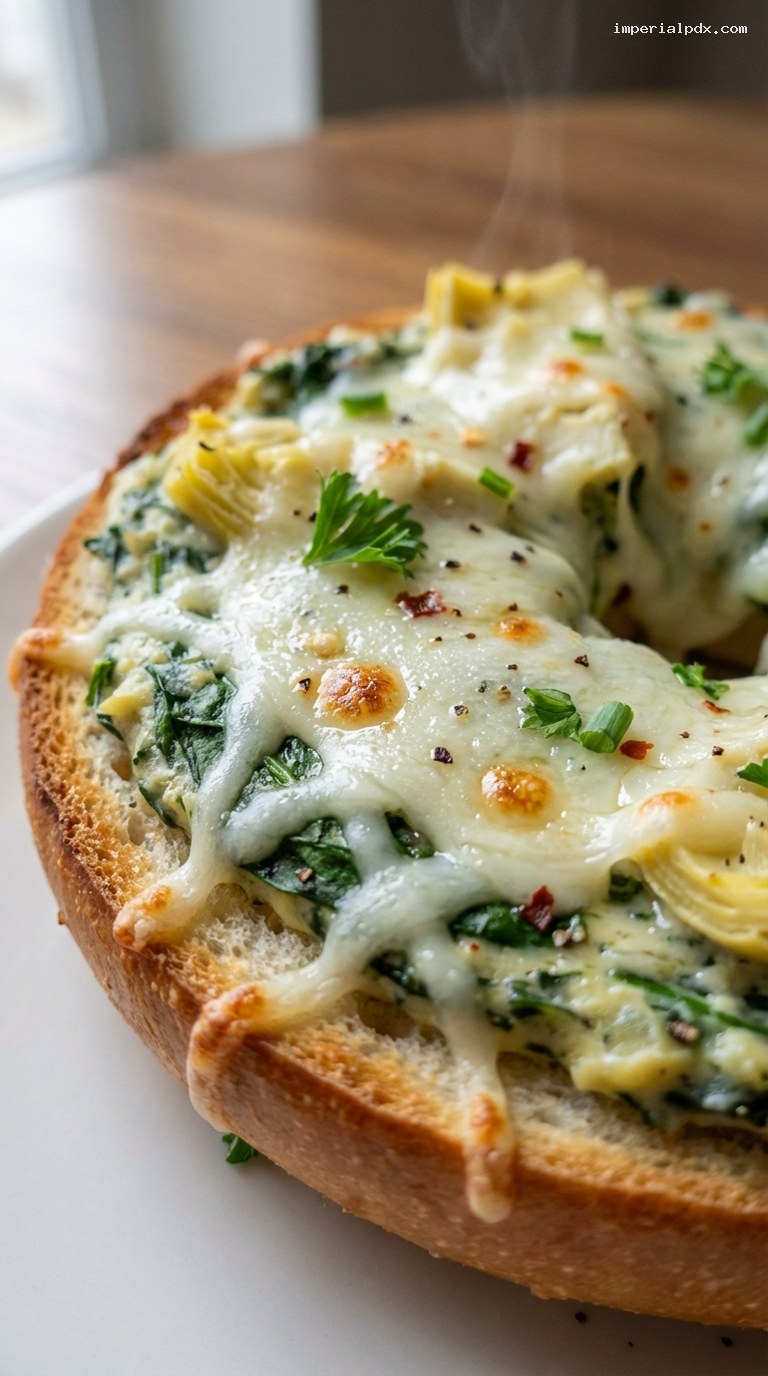 Spinach Artichoke Bagel Melts With Mozzarella – Closeup