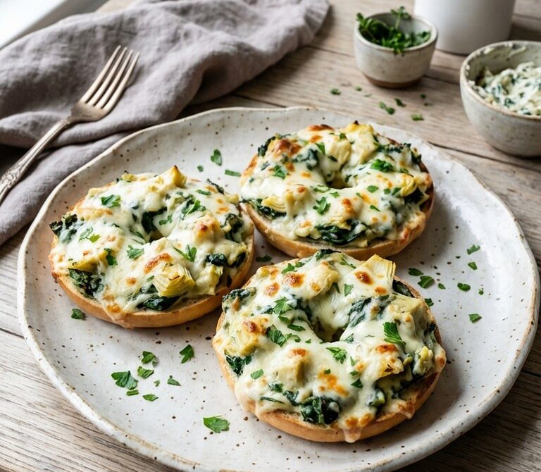 Spinach Artichoke Bagel Melts With Mozzarella
