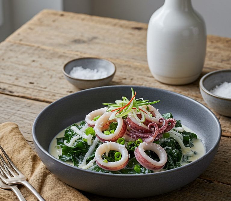 Squid Luʻau in Coconut Milk with Taro Leaves