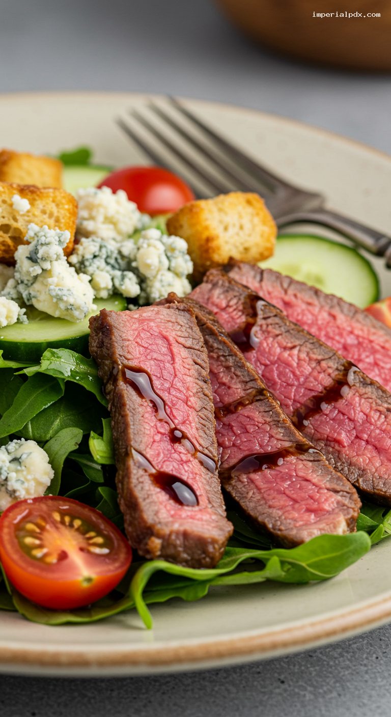 Steakhouse Chopped Salad with Warm Steak and Blue Cheese – Closeup