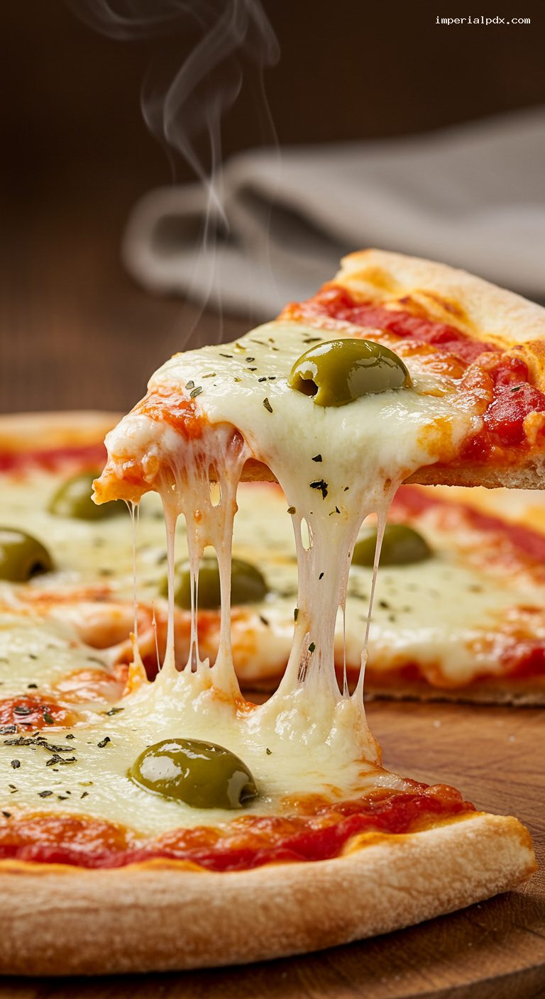 Stone-Baked Mozzarella Pizza with Olives and Oregano – Closeup