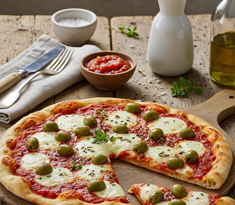 Stone-Baked Mozzarella Pizza with Olives and Oregano