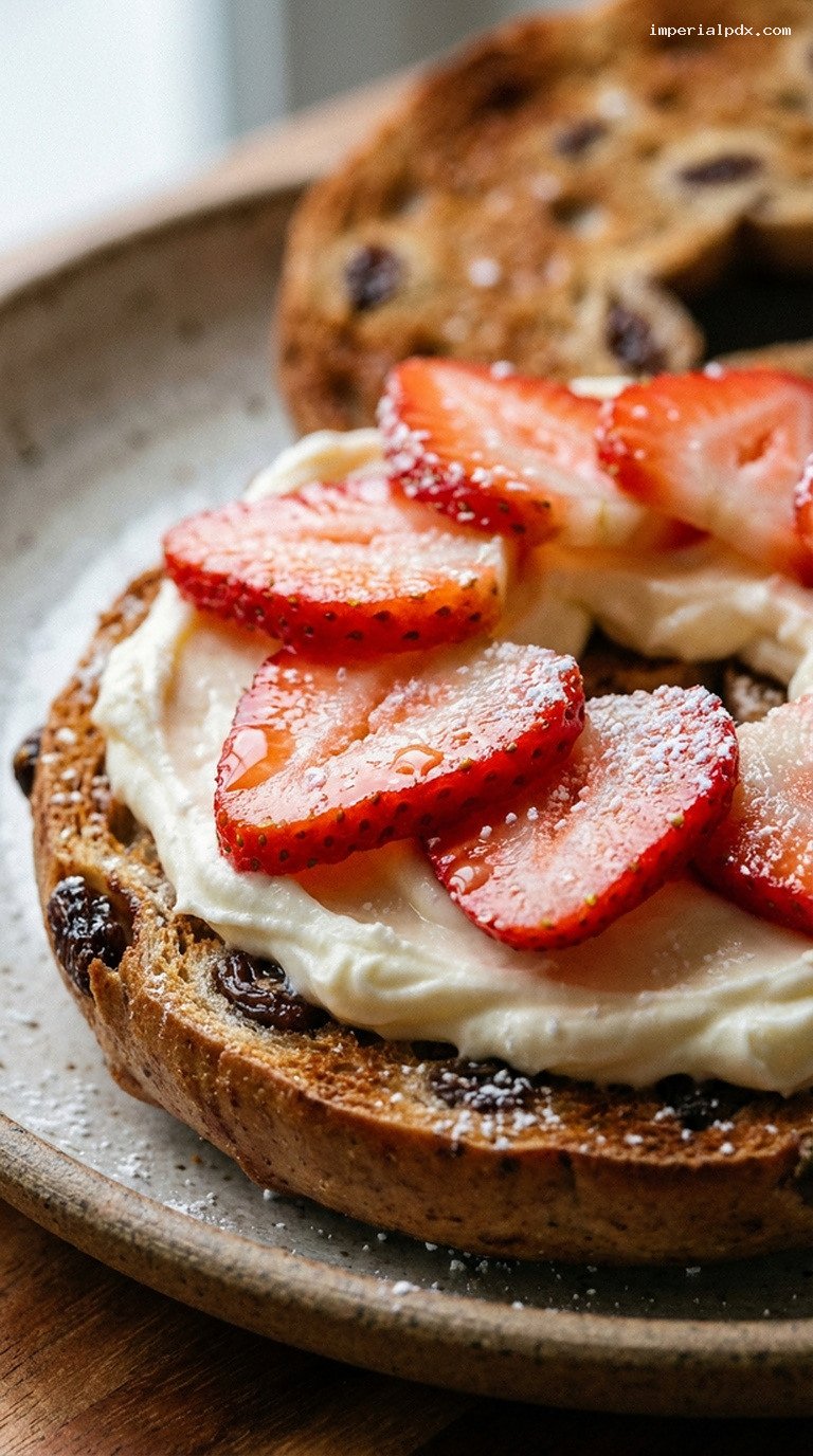 Strawberry Mascarpone Dessert Bagel on Cinnamon-Raisin – Closeup