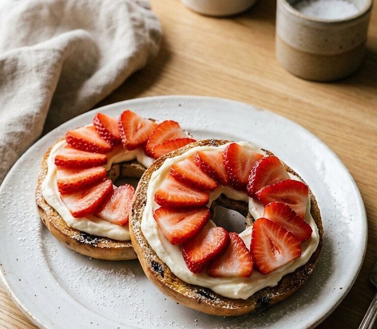 Strawberry Mascarpone Dessert Bagel on Cinnamon-Raisin