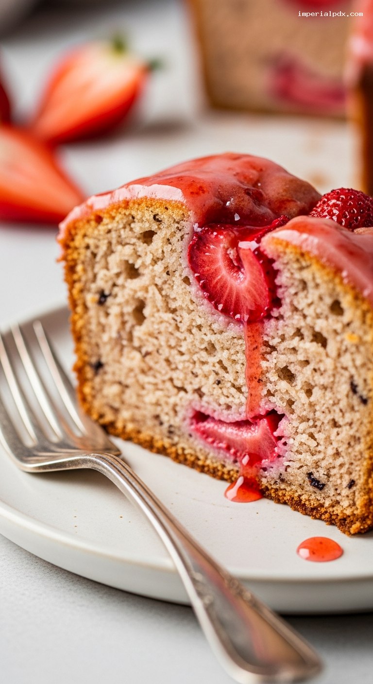 Strawberry Vanilla Yogurt Loaf with Glaze – Closeup