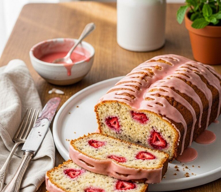 Strawberry Vanilla Yogurt Loaf with Glaze