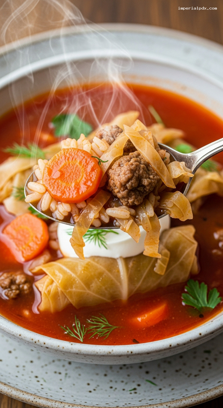 Stuffed Cabbage Roll Soup with Ground Beef – Closeup