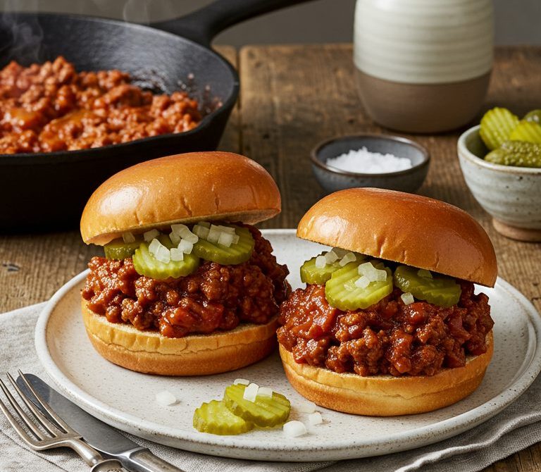 Sweet and Savory Sloppy Joes with Pickles