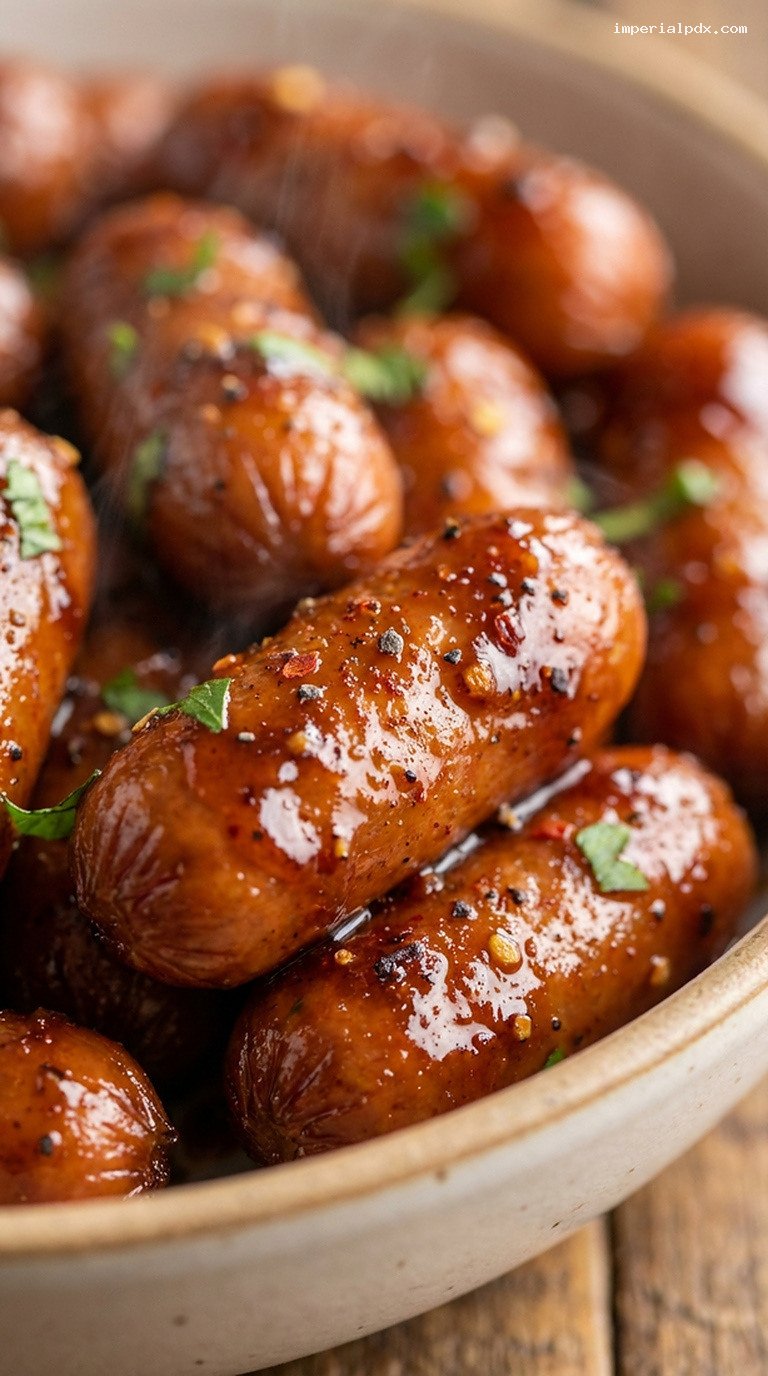 Sweet and Smoky Bourbon-Glazed Cocktail Sausages – Closeup