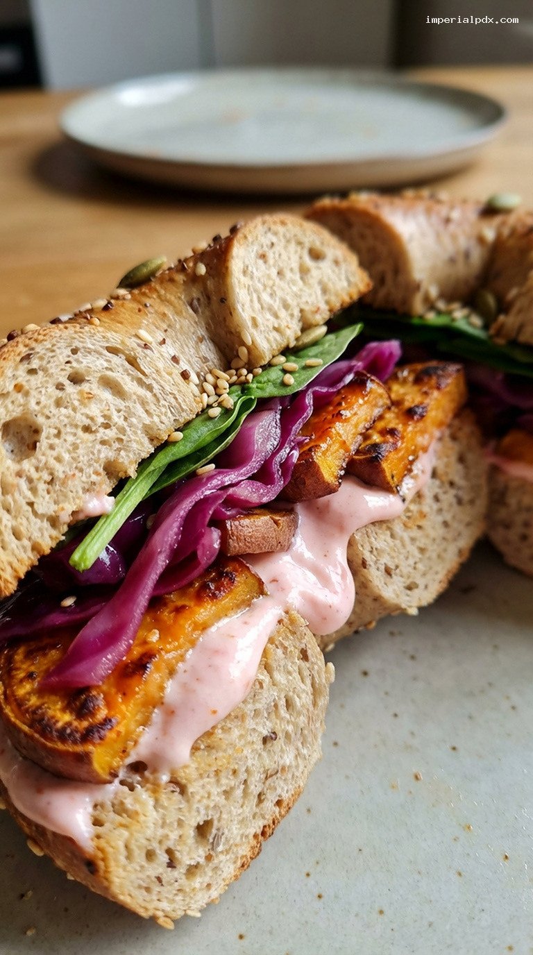 Sweet Chili Veggie Bagel with Roasted Sweet Potato – Closeup