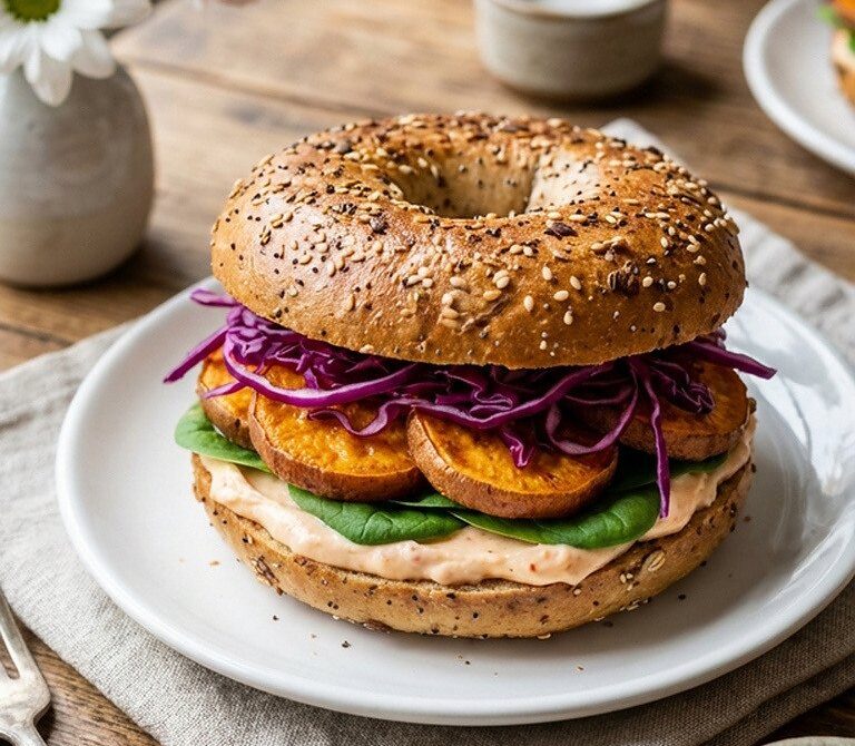 Sweet Chili Veggie Bagel with Roasted Sweet Potato