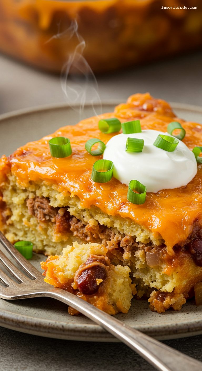 Tamale Dressing Casserole with Chili Gravy and Cheddar – Closeup