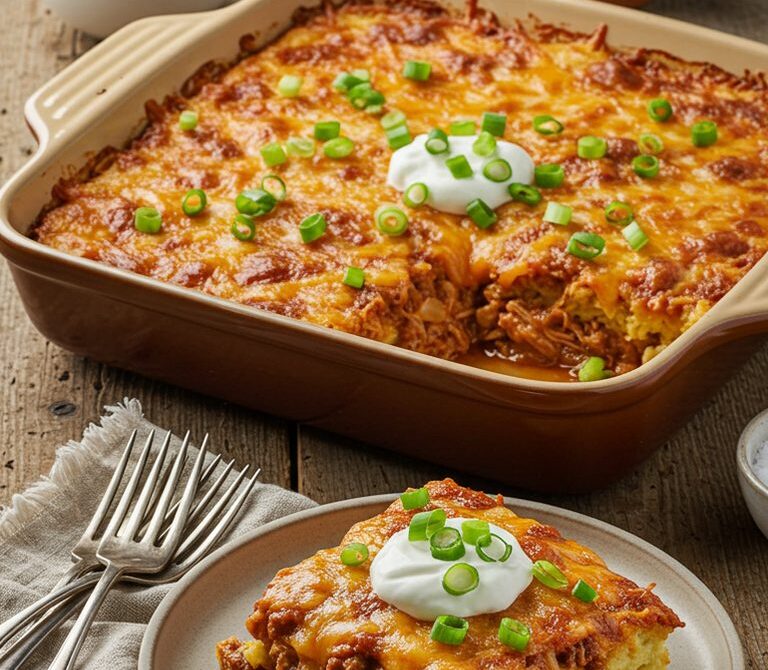 Tamale Dressing Casserole with Chili Gravy and Cheddar