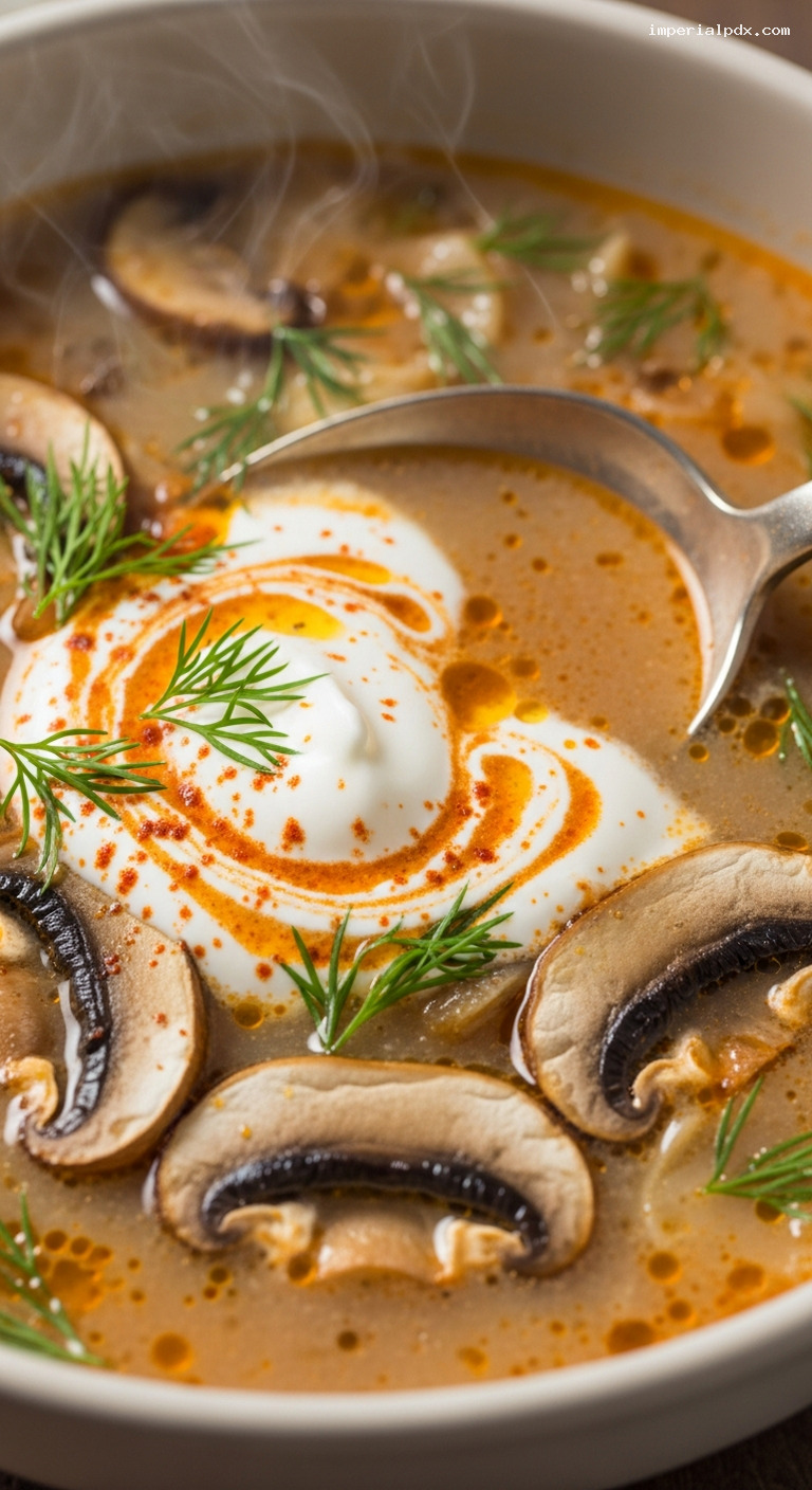 Tangy Hungarian Mushroom Soup with Paprika and Dill – Closeup