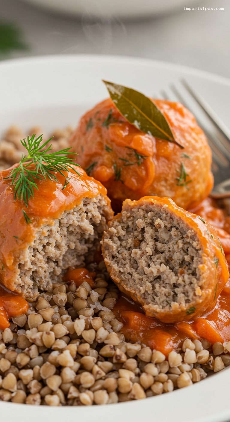 Tefteli: Tender Pork-Beef Meatballs in Tomato Sour Cream Sauce – Closeup