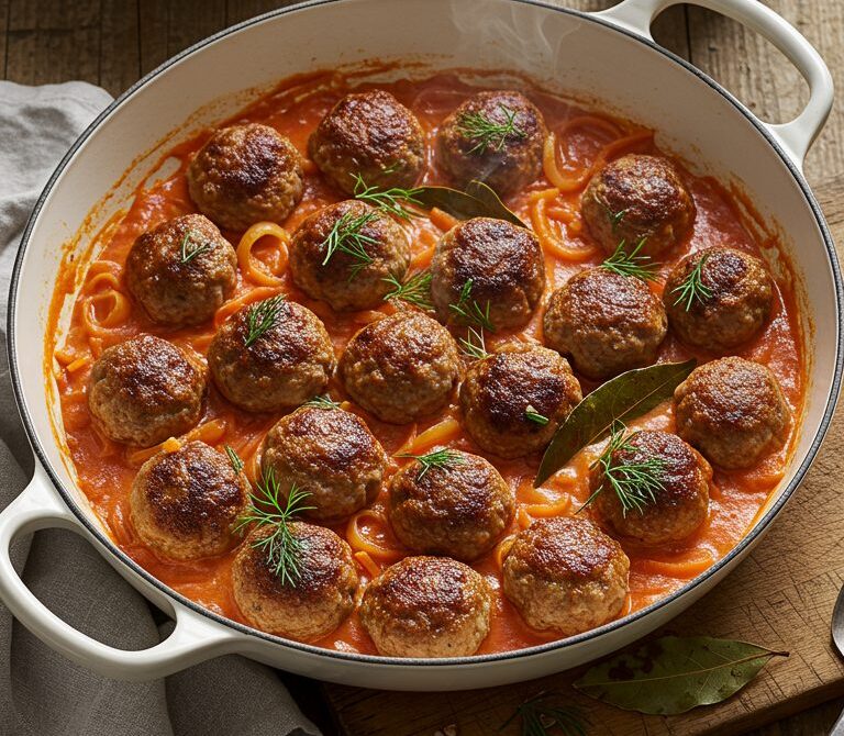 Tefteli: Tender Pork-Beef Meatballs in Tomato Sour Cream Sauce