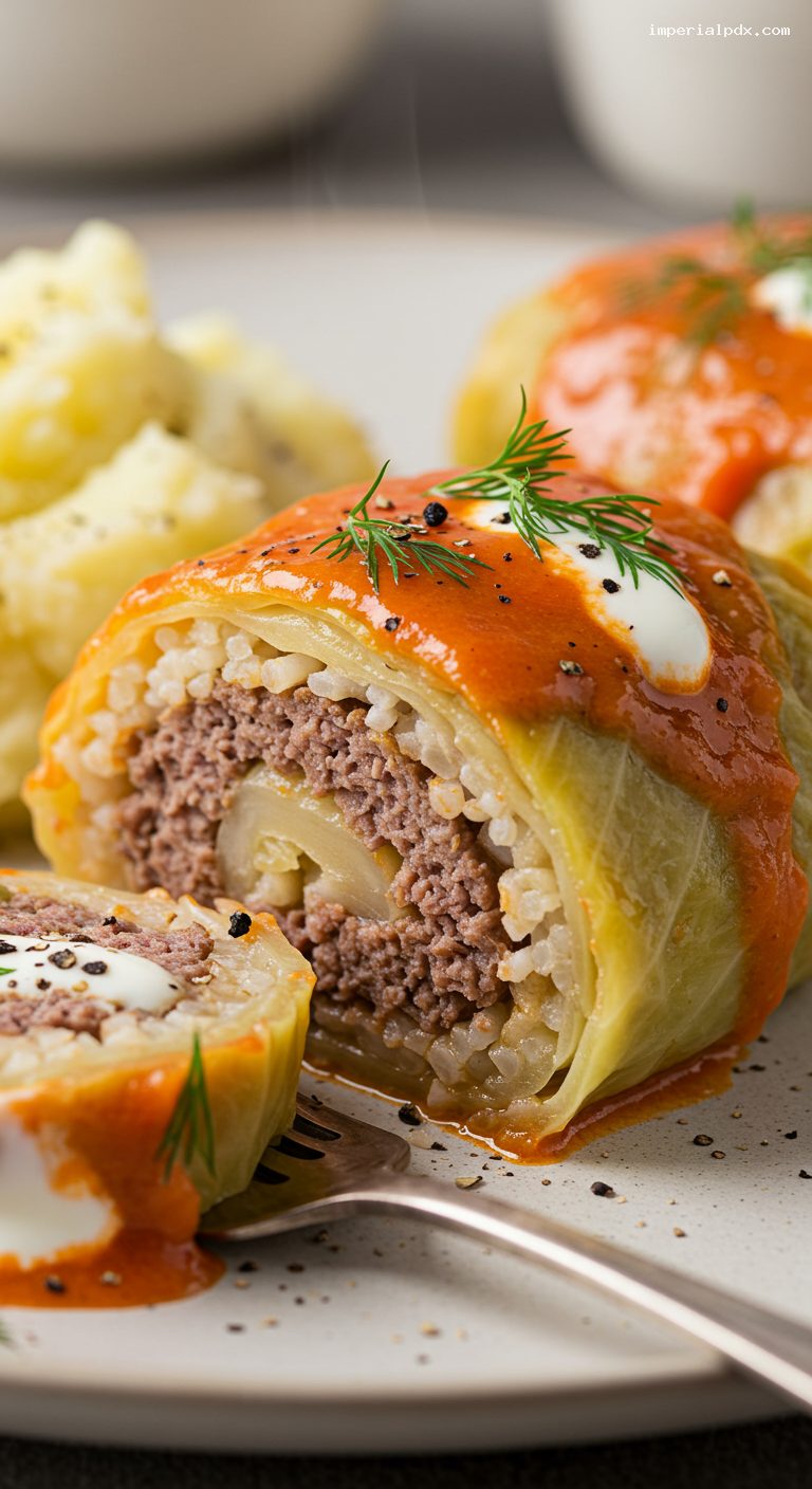 Tender Golubtsy Cabbage Rolls in Tomato Sour Cream Sauce – Closeup