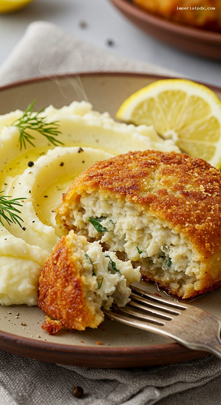 Tender Russian Fish Patties with Mashed Potatoes – Closeup