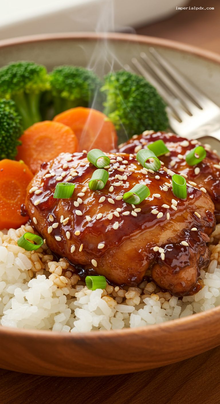 Teriyaki Chicken Rice Bowl with Broccoli and Carrots – Closeup