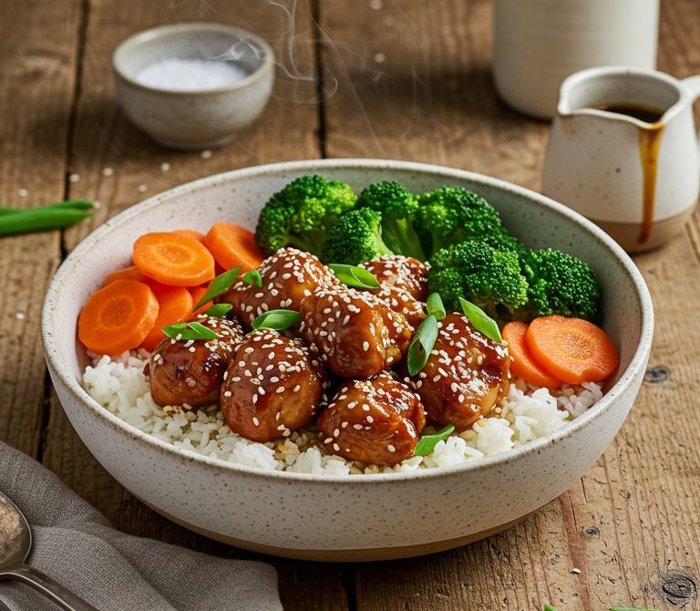 Teriyaki Chicken Rice Bowl with Broccoli and Carrots