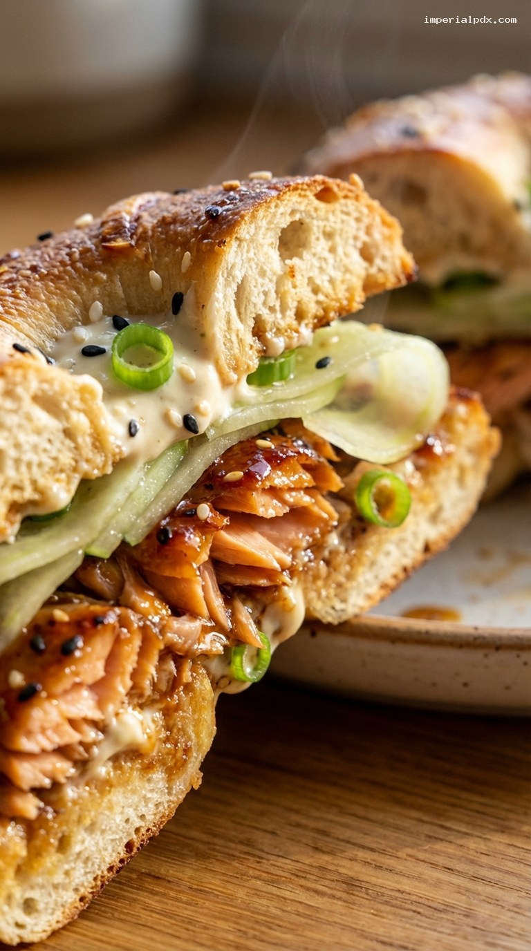 Teriyaki Salmon Bagel with Cucumber and Scallions – Closeup