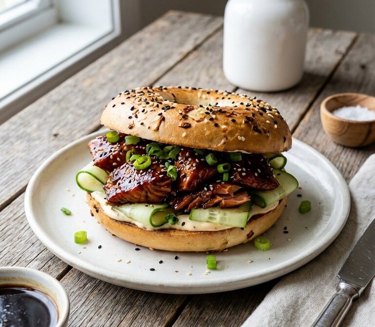 Teriyaki Salmon Bagel with Cucumber and Scallions