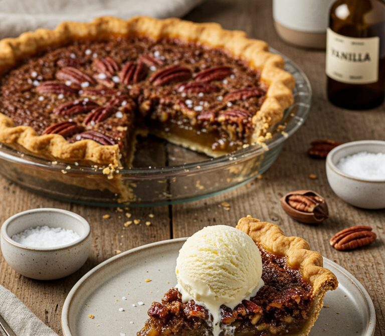 Texas Pecan Pie with Flaky Crust and Vanilla Ice Cream