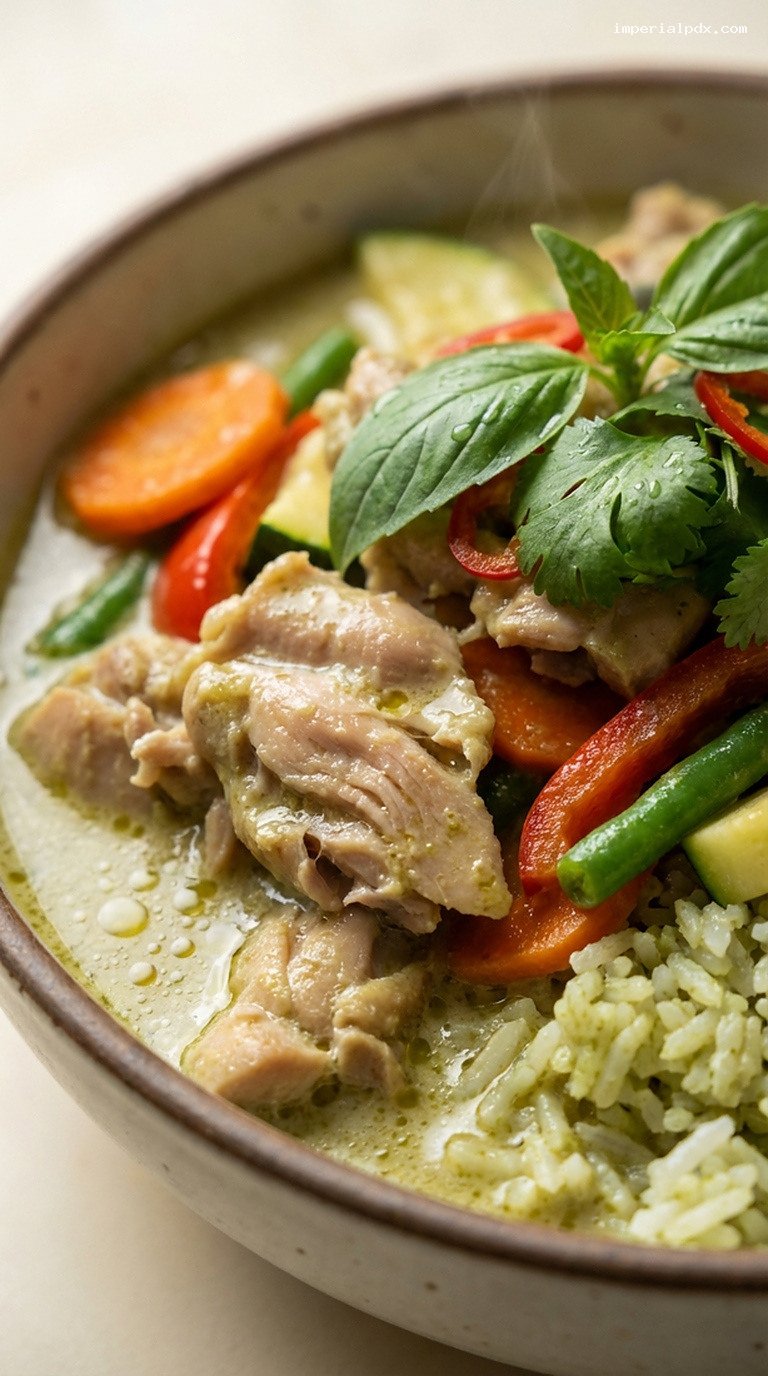 Thai Green Curry Chicken With Vegetables and Jasmine Rice – Closeup