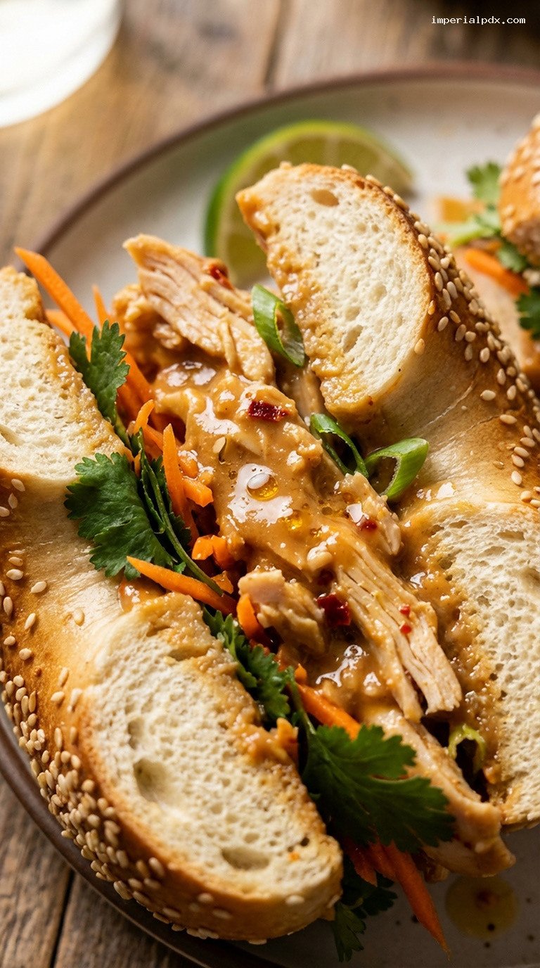 Thai Peanut Chicken Bagel with Carrots and Cilantro – Closeup