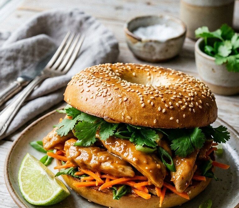 Thai Peanut Chicken Bagel with Carrots and Cilantro