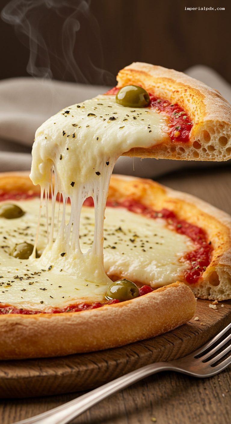 Thick-Crust Mozzarella Pan Pizza with Olives – Closeup