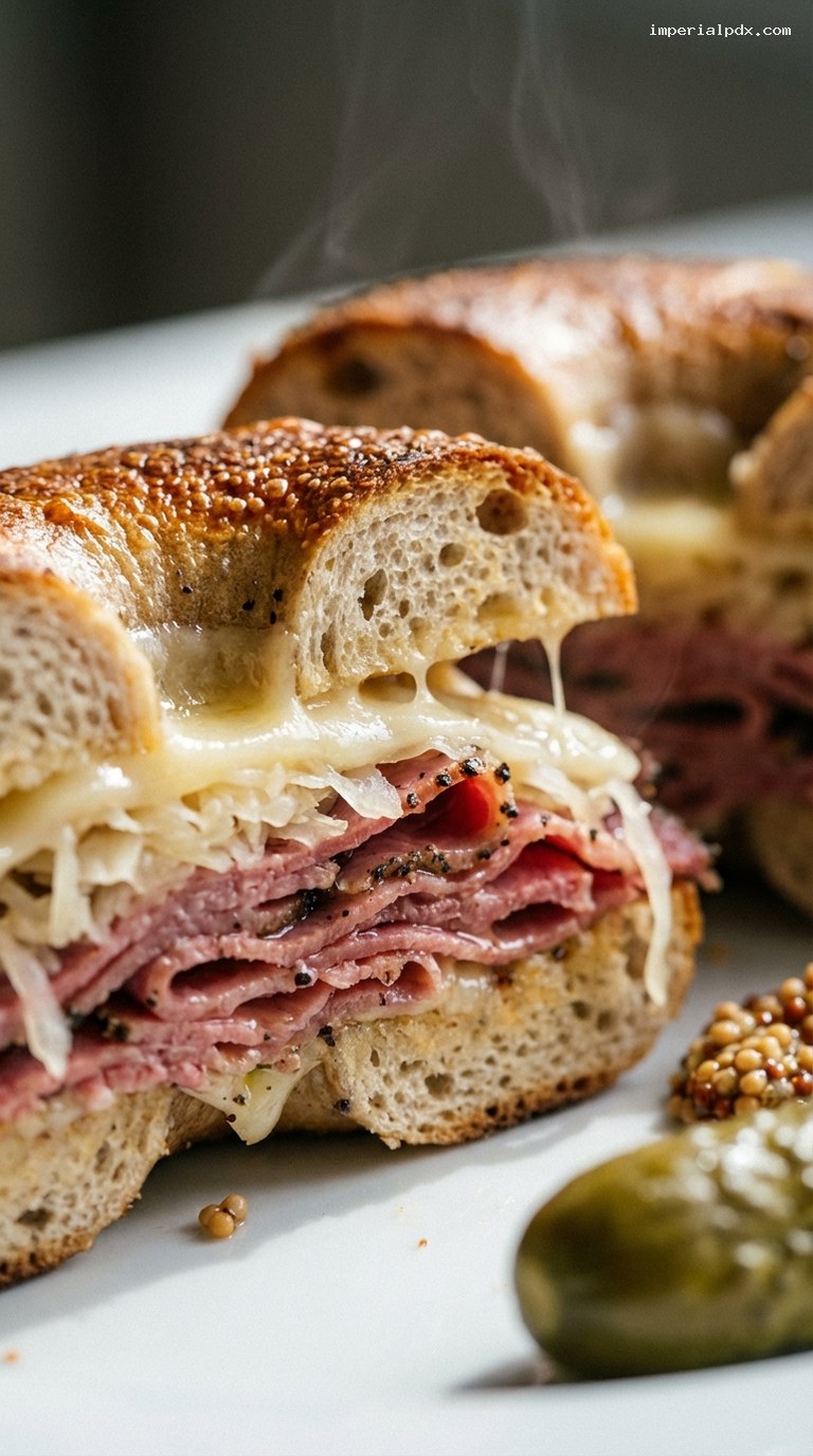 Toasted Pastrami and Sauerkraut Bagel Melt – Closeup