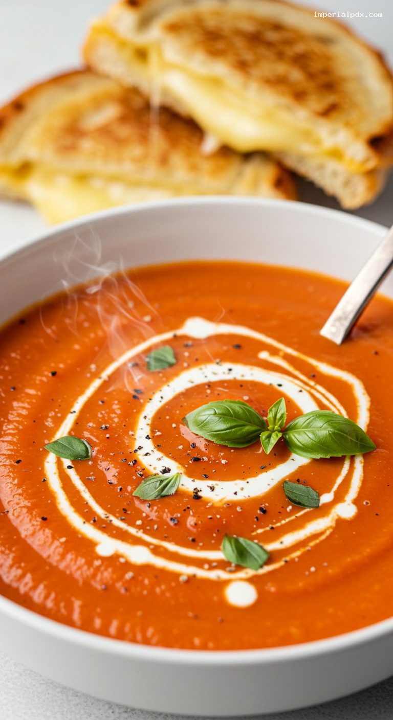 Tomato Basil Soup with Grilled Cheese Dippers – Closeup