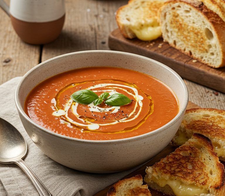Tomato Basil Soup with Grilled Cheese Dippers