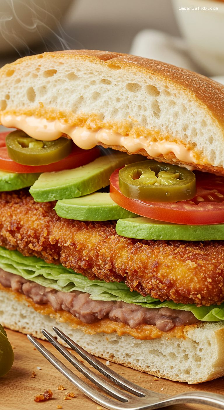 Torta de Milanesa with Chipotle Mayo and Avocado – Closeup
