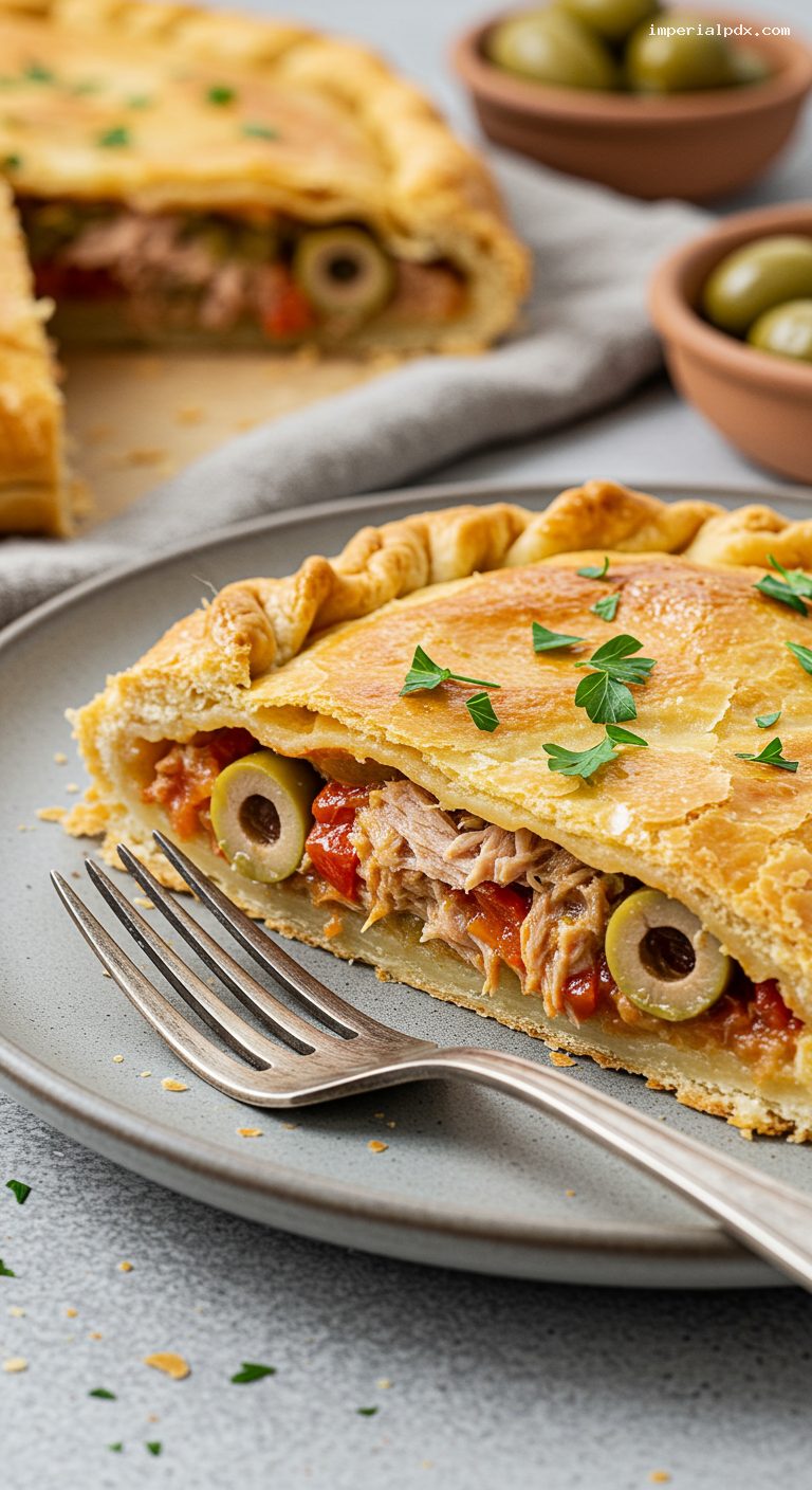 Tuna Empanada Gallega with Sweet Onions and Peppers – Closeup