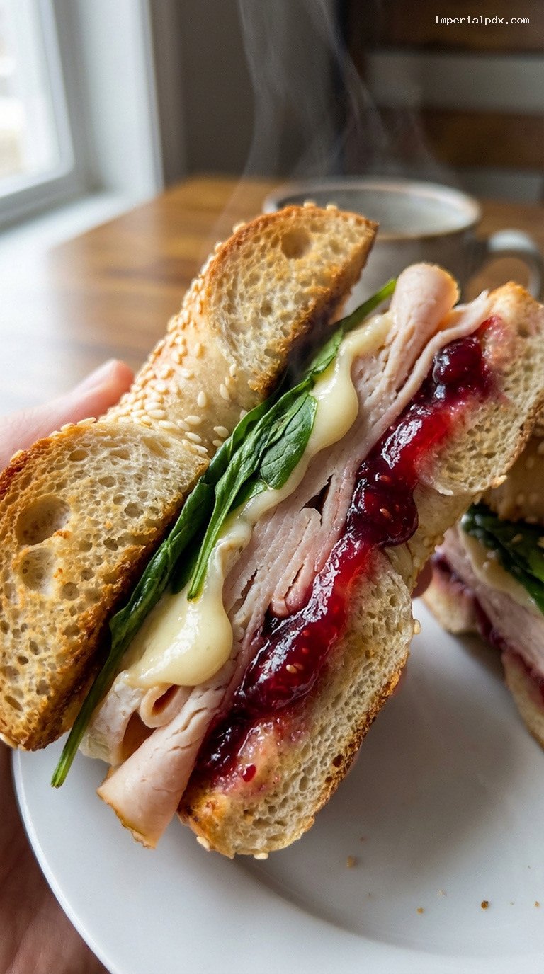 Turkey Cranberry Brie Breakfast Bagel with Spinach – Closeup