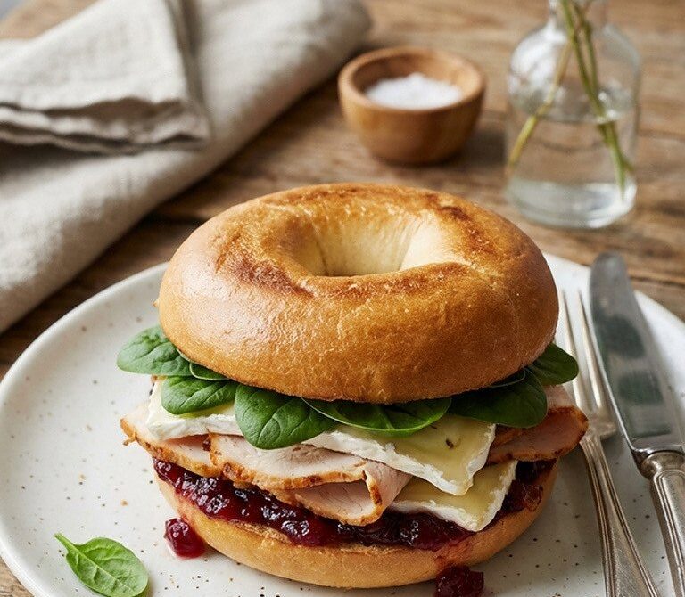 Turkey Cranberry Brie Breakfast Bagel with Spinach