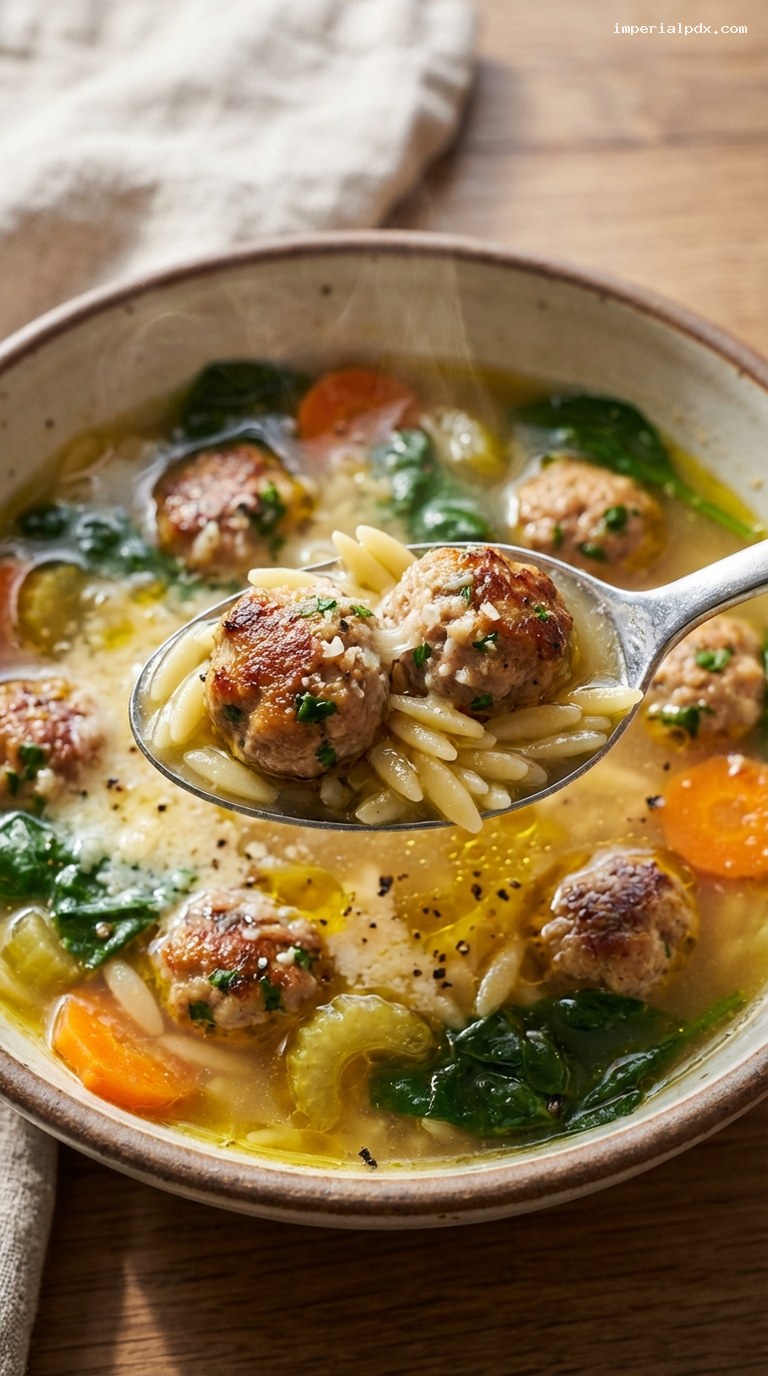 Turkey Italian Wedding Soup with Orzo and Spinach – Closeup