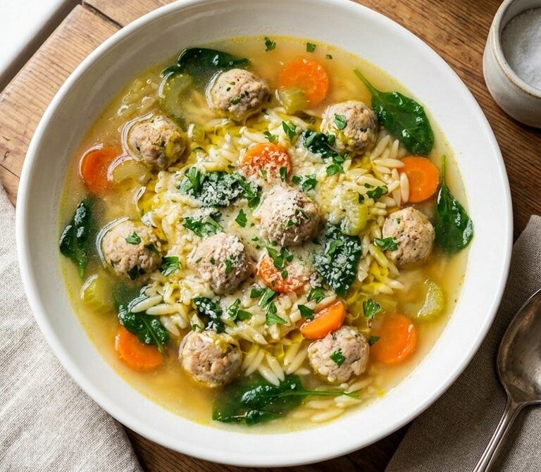 Turkey Italian Wedding Soup with Orzo and Spinach