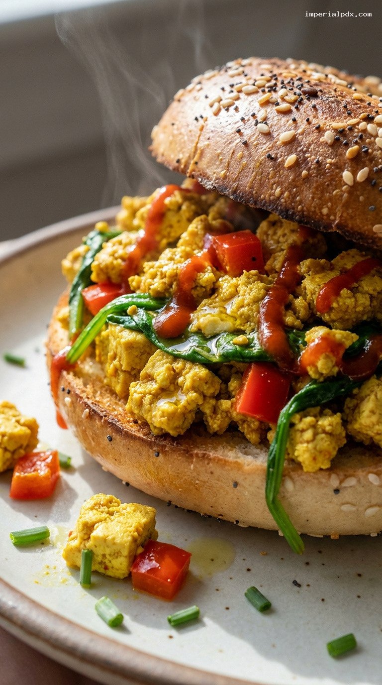 Vegan Spicy Tofu Scramble Everything Bagel Sandwich – Closeup