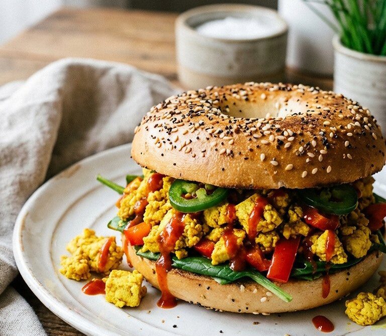 Vegan Spicy Tofu Scramble Everything Bagel Sandwich