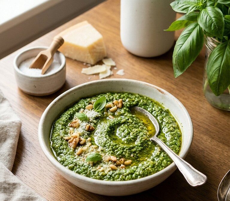 Vibrant Basil Pesto with Toasted Walnuts and Parmesan