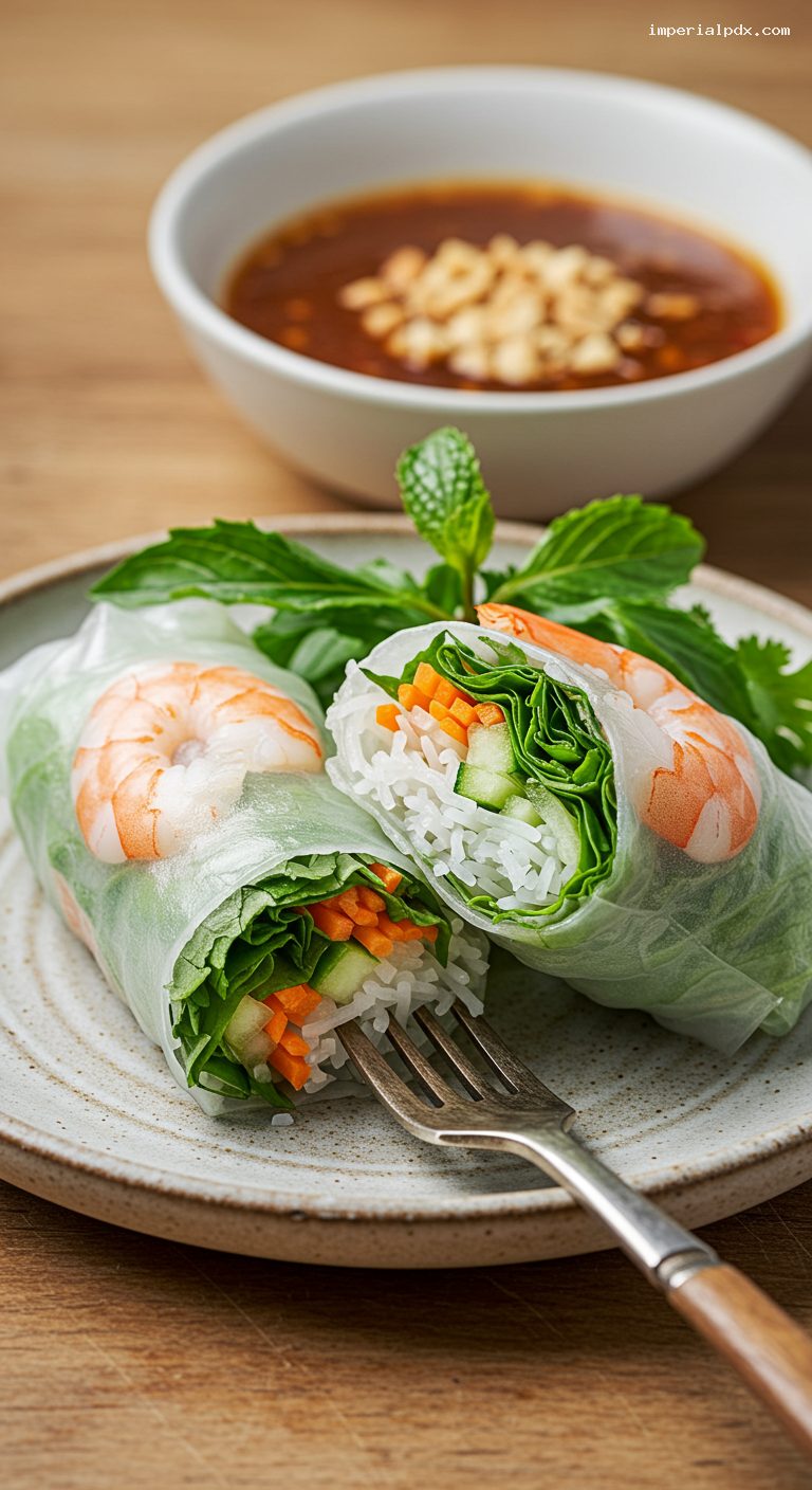 Vietnamese Fresh Spring Rolls with Peanut Hoisin Sauce – Closeup