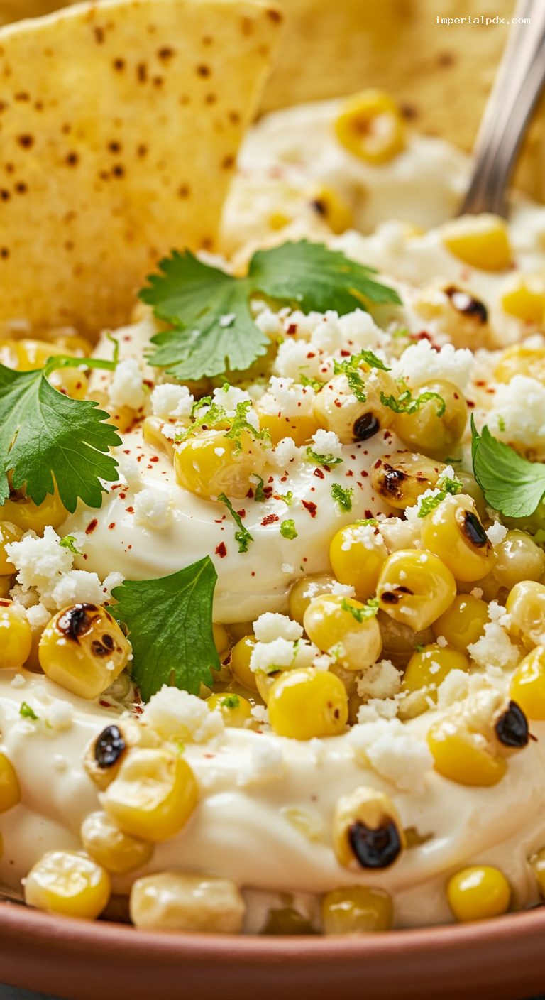 Warm Elote Street Corn Dip with Cotija and Lime – Closeup