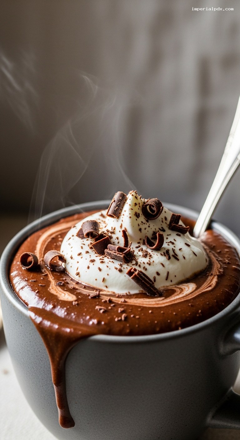 Warm Hot Cocoa Pudding with Whipped Cream – Closeup