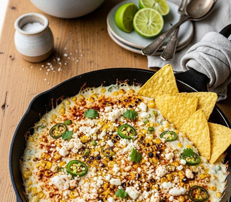 Warm Roasted Corn Dip with Green Chiles and Cotija